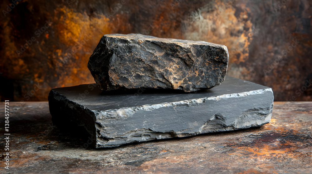 Dark Grey and Black Rocks on Rustic Brown Metal Surface Dark Grey and Black Rocks on Rustic Brown Metal Surface