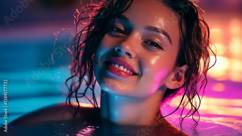 Happy woman in a swimming pool at night, illuminated by colorful neon lights, creating a vibrant and modern summer vibe.
