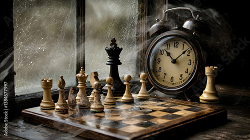 Dramatic Chess Game Setup with Antique Clock and Rainy Window