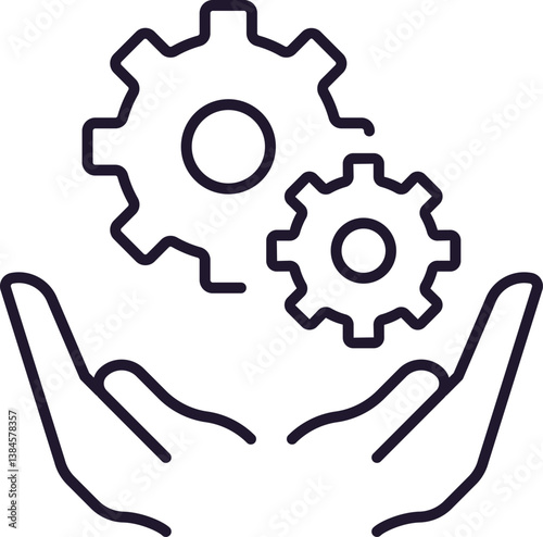 Mechanism, Setting, Cogwheel above Open Hands Pictogram for Graphic Design, Web Sites, Cards, Books, Articles
