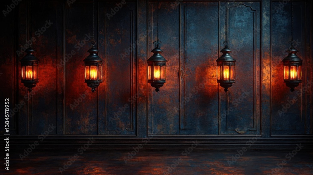 Dark Room with Glowing Lanterns, Rustic Wall, and Interior Design. Dark Room with Glowing Lanterns, Rustic Wall, and Interior Design.