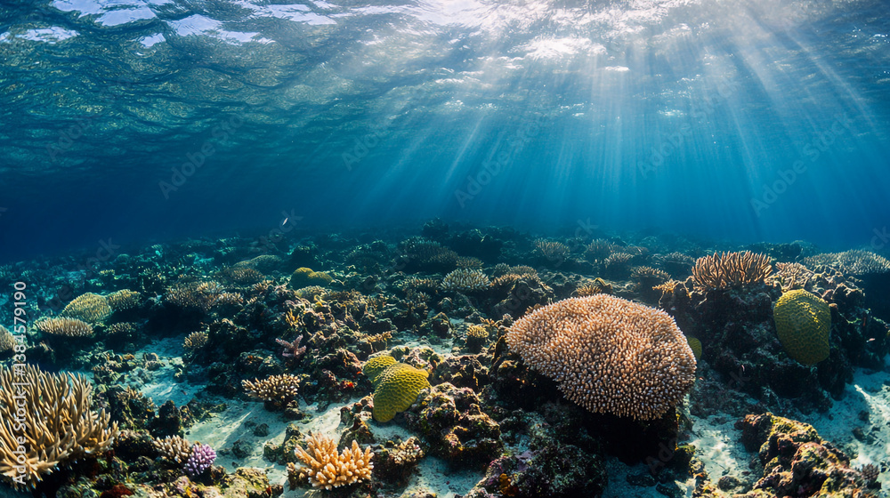 Fototapeta premium Sunlight streaming through the ocean water illuminating a vibrant coral reef ecosystem underwater view