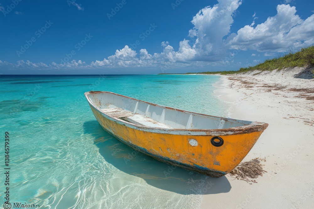 Naklejka premium Weathered boat rests on crystal clear beach.