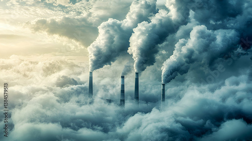 Industrial Smokestacks Emitting Dense Gray Smoke Above a Sea of Clouds photo