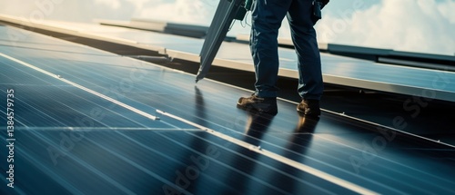A detailed shot of an engineer inspecting the installation of solar panels on the roof of a sustainable office building, Solar panel installation scene, Renewable energy style