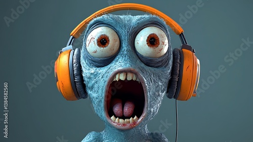 Fun monster with colorful headphones screaming loud picture
