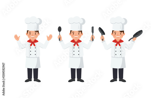 Professional cartoon chef cooking restaurant kitchen chopping vegetables preparing meals serving dishes plating food uniform


