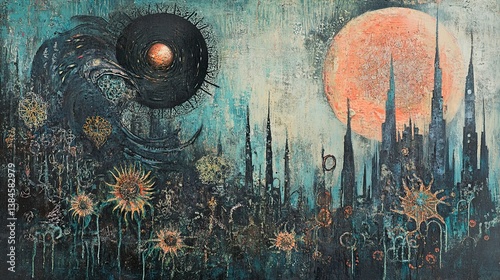 Surreal Cityscape under a Cosmic Moon: A Dreamlike Vision