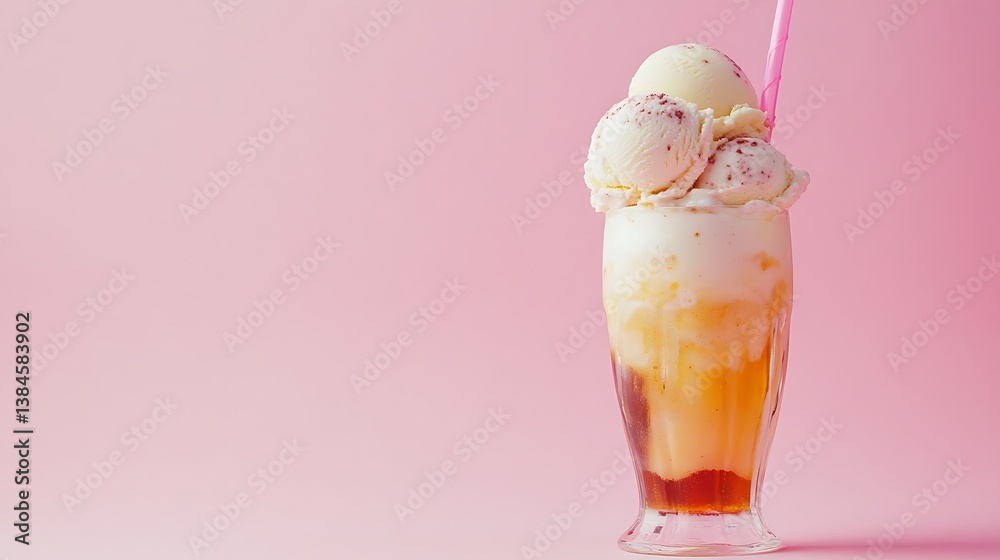 A vibrant National Ice Cream Soda Day background featuring a float with soda and a scoop of ice cream, macro shot, Minimalist style