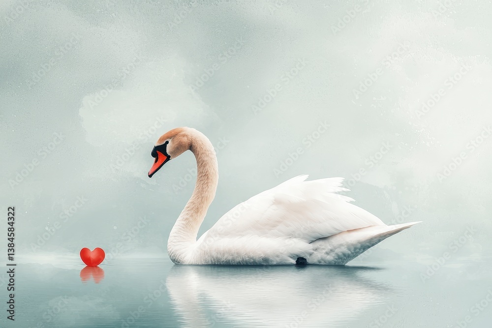 Fototapeta premium Elegant Swan Swimming Alone on Serene Water with Heart Shaped Reflection