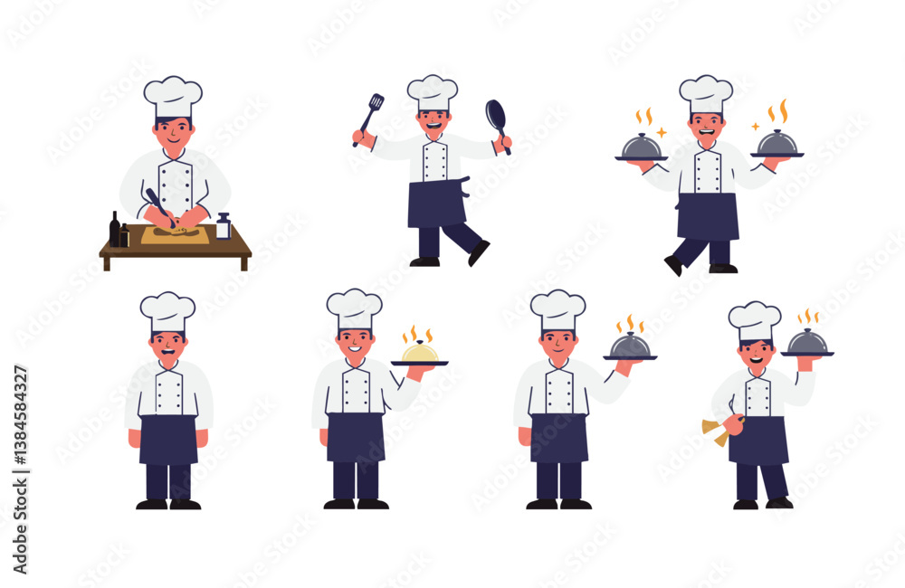 Chef character cartoon set cooking kitchen chopping vegetables preparing meals serving dishes restaurant food activity
Chef character cartoon set cooking kitchen chopping vegetables preparing meals serving dishes restaurant food activity