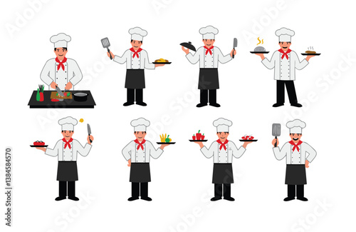 Cooking chef cartoon character set restaurant kitchen chopping vegetables preparing food serving dishes holding plates

