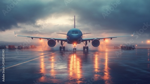 Jet aircraft on wet runway during stormy weather
