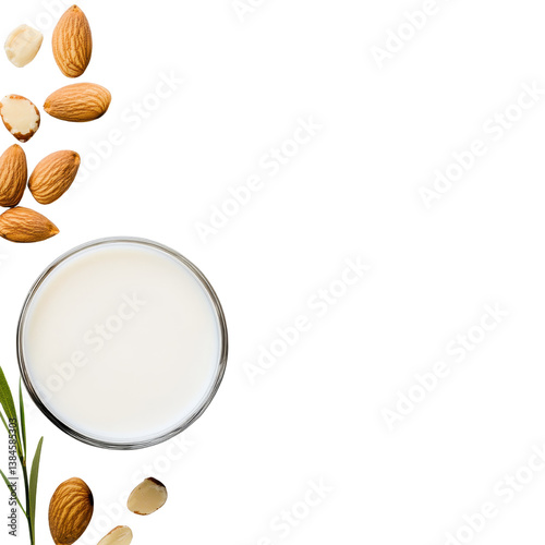 Obraz na płótnie Fresh almond milk with almonds scattered around the glass isolated against a transparent background. w salonie