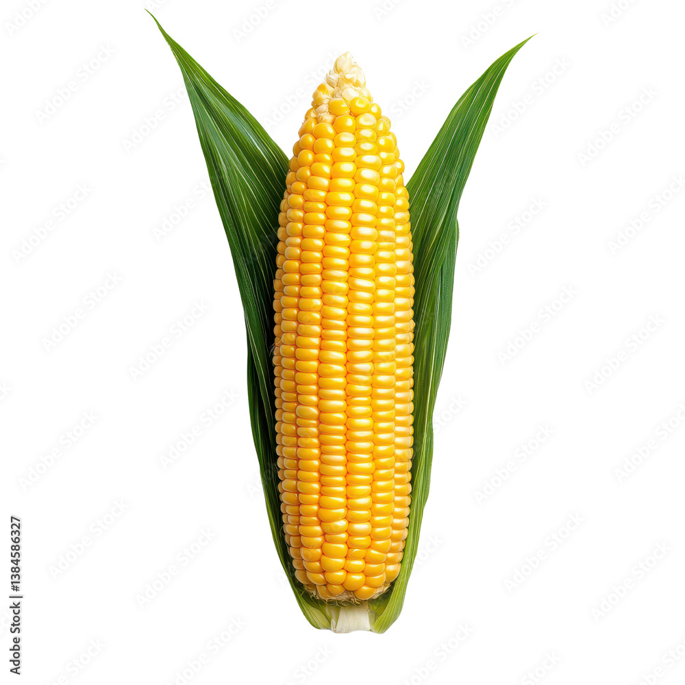 Obraz premium Fresh corn on the cob with vibrant yellow kernels and green husks isolated against a transparent background.