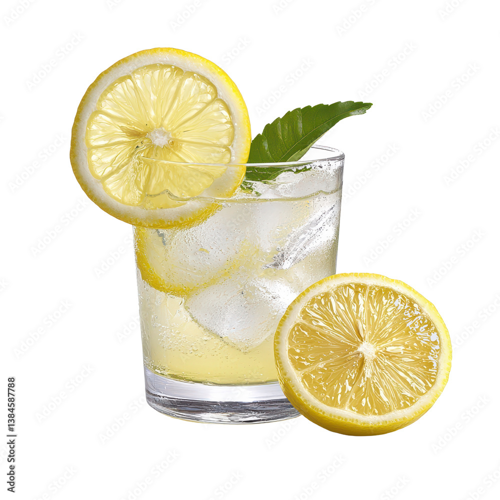 Refreshing lemon drink with ice and garnished with fresh leaves isolated against a transparent background.
