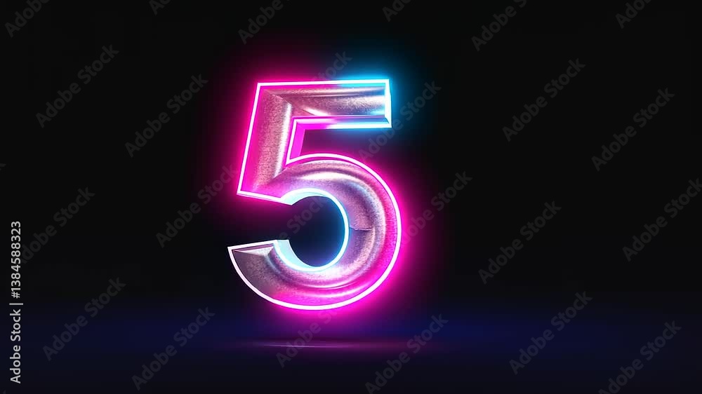 A glowing neon number five, lit with blue and pink, stands out against a black background. A glowing neon number five, lit with blue and pink, stands out against a black background.