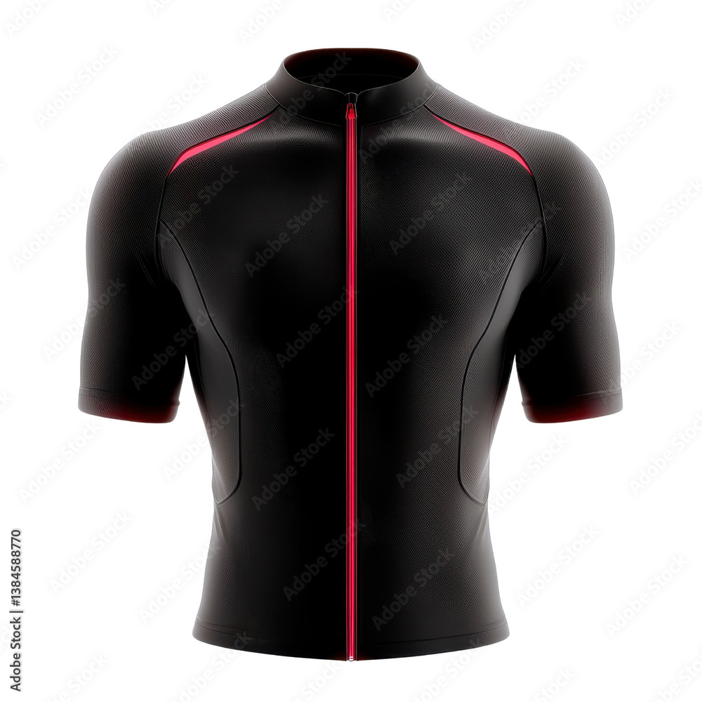 Stylish black cycling jersey with red accents and modern design isolated against a transparent background.