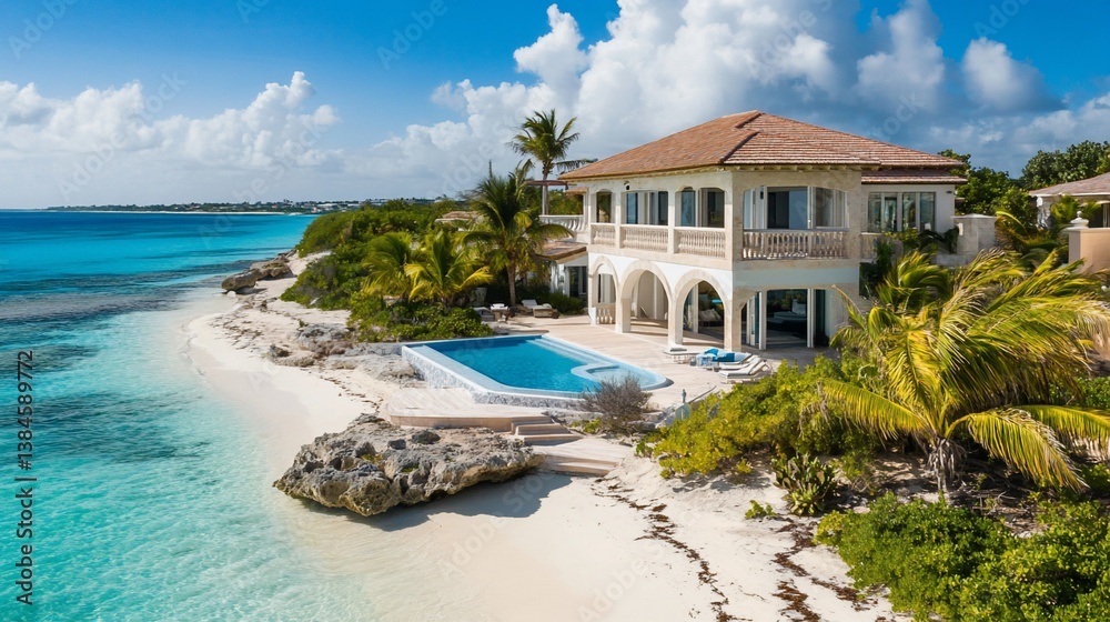 Obraz premium Luxury beachfront villa with a private pool in an idyllic tropical setting