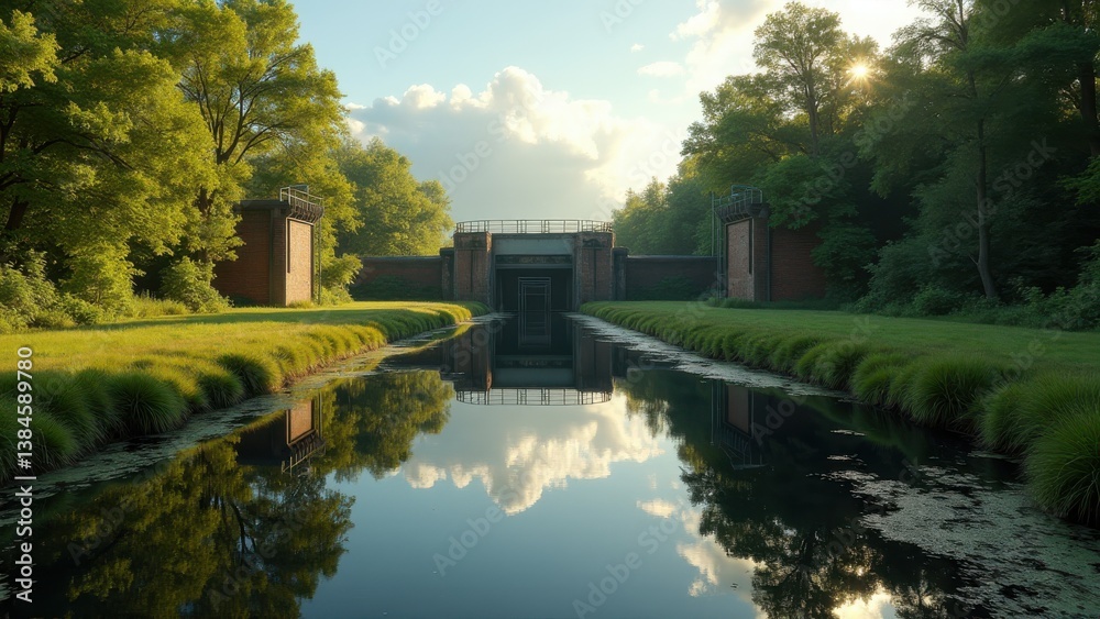 Naklejka premium Stone bridge over calm river surrounded by lush greenery and brick structures under blue sky 