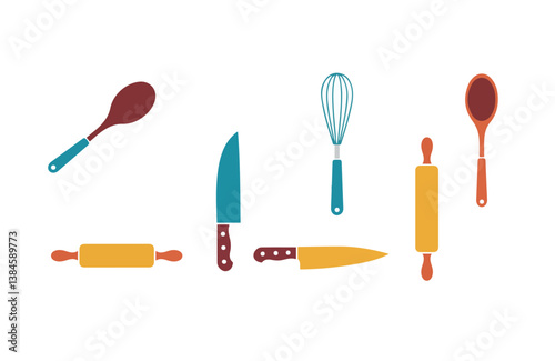 Clean illustration of kitchen tools in flat design with items like knife whisk spatula rolling pin and spoon

