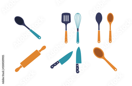 Food prep kitchen tool icons showing flat colorful utensils including chef knife wooden spoon and whisk set

