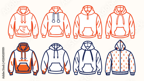 Streetwear Hoodie Collection Technical Fashion Illustration - Zip Heavyweight Hoodie Flat Apparel Templates - Technical Drawing Set of Hoodies with Front and Back Views - Men, Woman, Unisex CAD Mockup