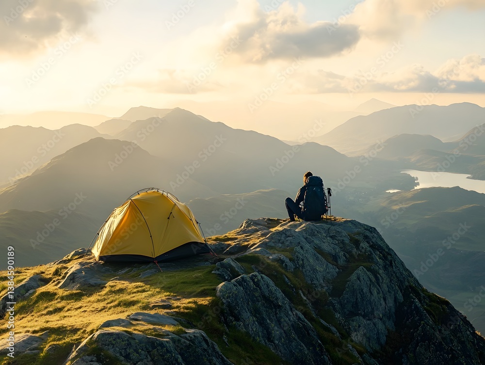 Fototapeta premium A Hiker Camping on the Mountain Summit of Place Fell in the Lake District, tourist in the mountains