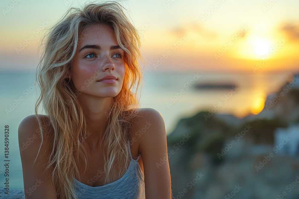 Beautiful woman with flowing hair enjoys a sunset view from a high vantage Beautiful woman with flowing hair enjoys a sunset view from a high vantage
