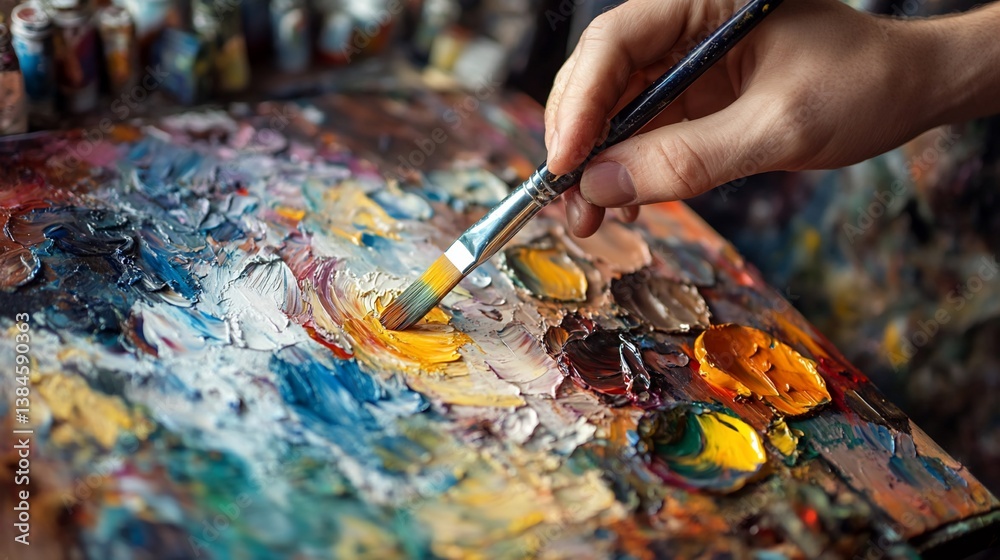 Fototapeta premium Close-up of artist's hand mixing vibrant oil paints on a wooden palette