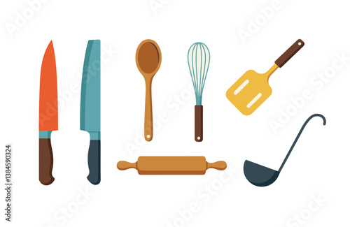 Kitchen cooking items showing utensils in colorful design including chef knife whisk spoon and rolling pin

