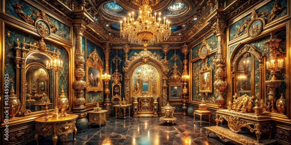Fototapeta premium Opulent chamber filled with glittering gold artifacts and precious gems