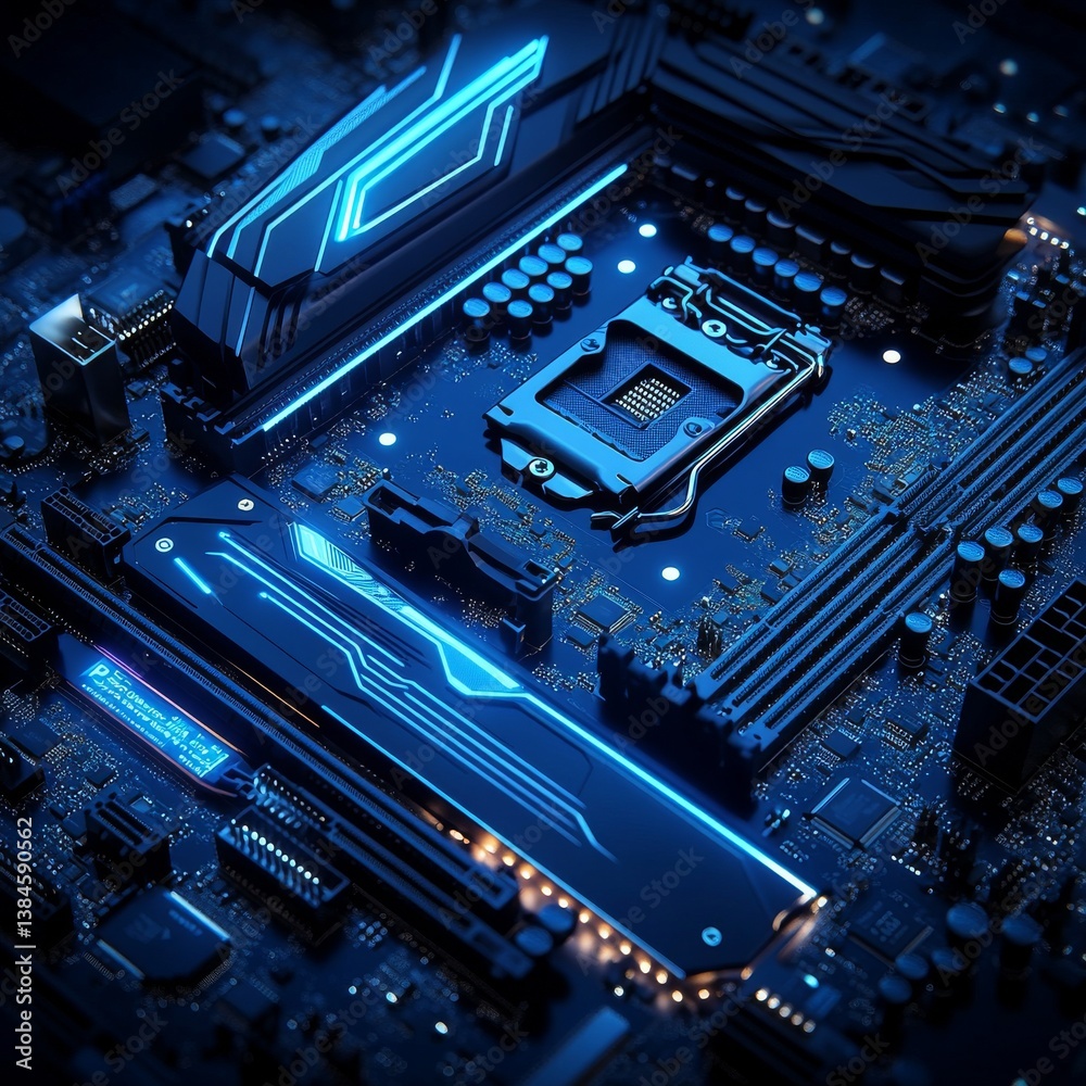 Fototapeta premium Illuminated Motherboard: A Futuristic Glow of High Tech Circuitry for Powerful Computer Systems