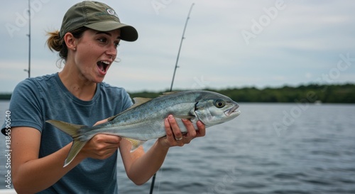 Excited woman dorade fishing on a boat, holding a freshly caught dorade fish against a serene lake backdrop