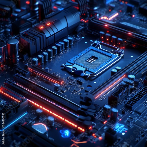 Modern Motherboard Close-Up: Illuminated Circuitry and Components for High-Performance Computing Hardware