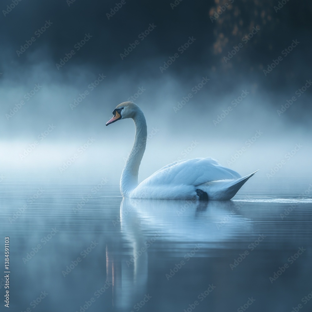Obraz premium Serene Swan: A Mute Swan Glides Through Misty Waters, Casting a Tranquil Reflection on the Still, Blue Lake