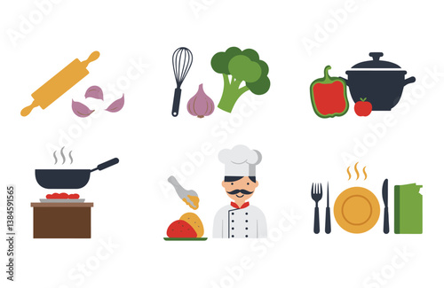 Kitchen equipment icons showing flat colorful tools such as spatulas whisks knives and spoons used in cooking

