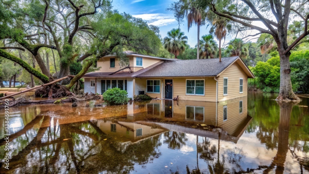 A flooded house with water covering the floor and walls, surrounded by debris and trees uprooted from the ground in a residential area after Hurricane Ian , florida, storm A flooded house with water covering the floor and walls, surrounded by debris and trees uprooted from the ground in a residential area after Hurricane Ian , florida, storm