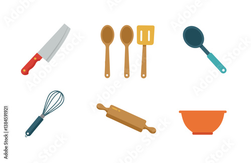 Colorful kitchen elements showing cooking utensils including spoon knife rolling pin and spatula in flat design


