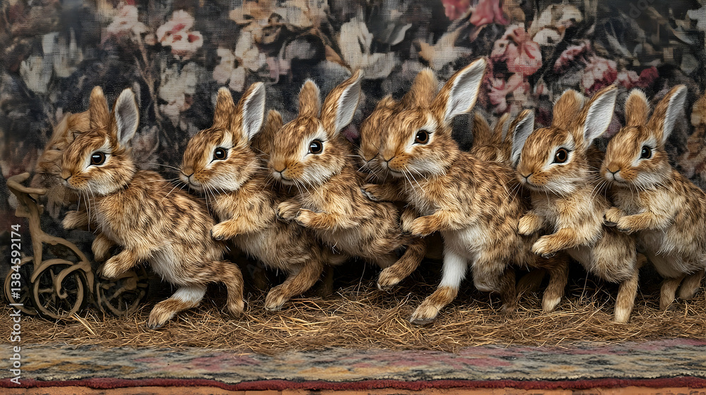 Obraz premium Six Brown Rabbits Posing Together In Front Of Fabric