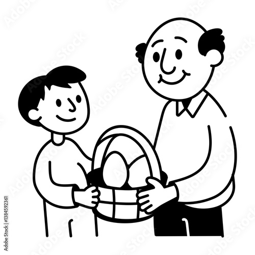 A father giving easter gift to his son, doodle icon 

