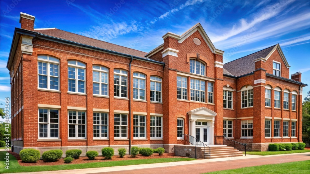 Traditional American school building with a red brick facade and large windows