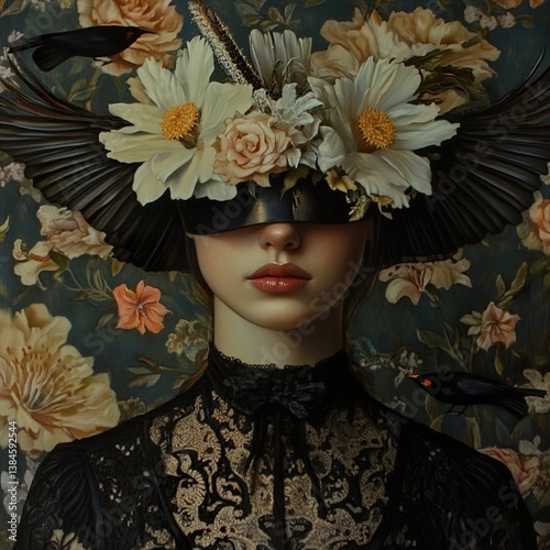 Enigmatic Woman in Black Lace Dress with Floral Mask