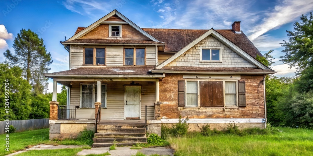 Dilapidated suburban home with boarded-up windows and a vacant lawn, conveying a sense of neglect and abandonment , vacant property, foreclosure sign Dilapidated suburban home with boarded-up windows and a vacant lawn, conveying a sense of neglect and abandonment , vacant property, foreclosure sign