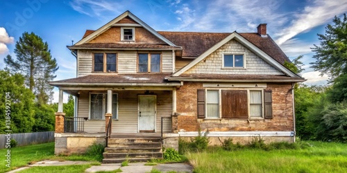 Dilapidated suburban home with boarded-up windows and a vacant lawn, conveying a sense of neglect and abandonment , vacant property, foreclosure sign
