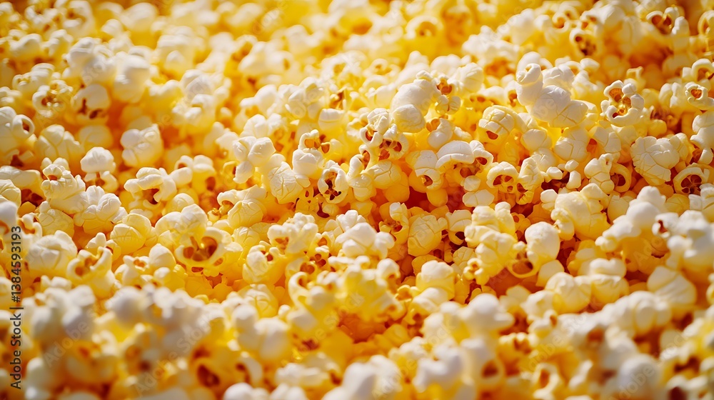 A vibrant National Popcorn Day background featuring a large bucket of popcorn spilling out with butter and salt, macro shot, Minimalist style