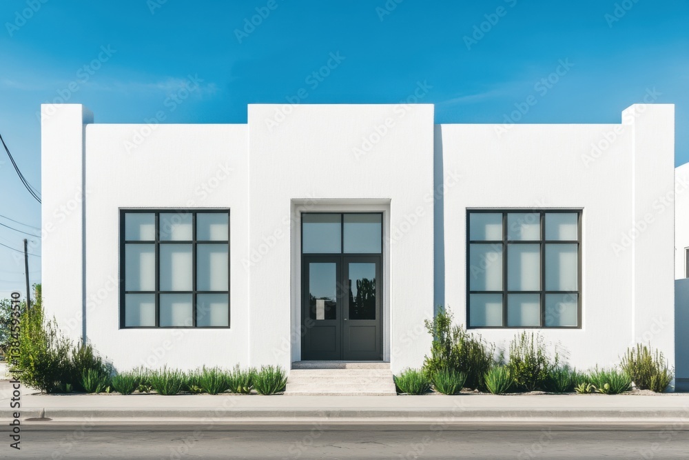 Fototapeta premium Modern minimalist architecture showcased in a white building with large windows and a clean facade located on a sunny street in an urban area