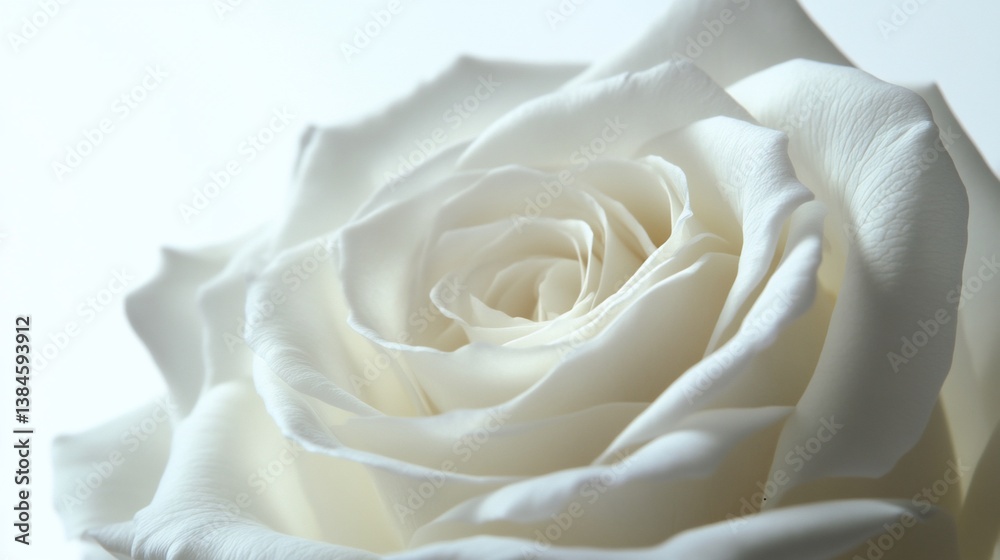 Elegant white rose blossom, capturing soft light and delicate petal texture Elegant white rose blossom, capturing soft light and delicate petal texture