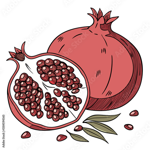 Juicy Pomegranate Split Open with Red Seeds on White Background. Perfect for: Rosh Hashanah, Fall, Health Food Campaigns