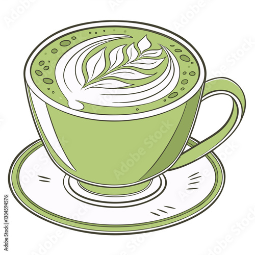 Matcha Green Tea Latte with Frothy Latte Art on White Background. Perfect for: Winter, Wellness Retreats, Cafe Menus